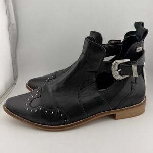 Musse & Cloud Leather Western Ankle Boots 8 Black New Studded Cut Out Buckle